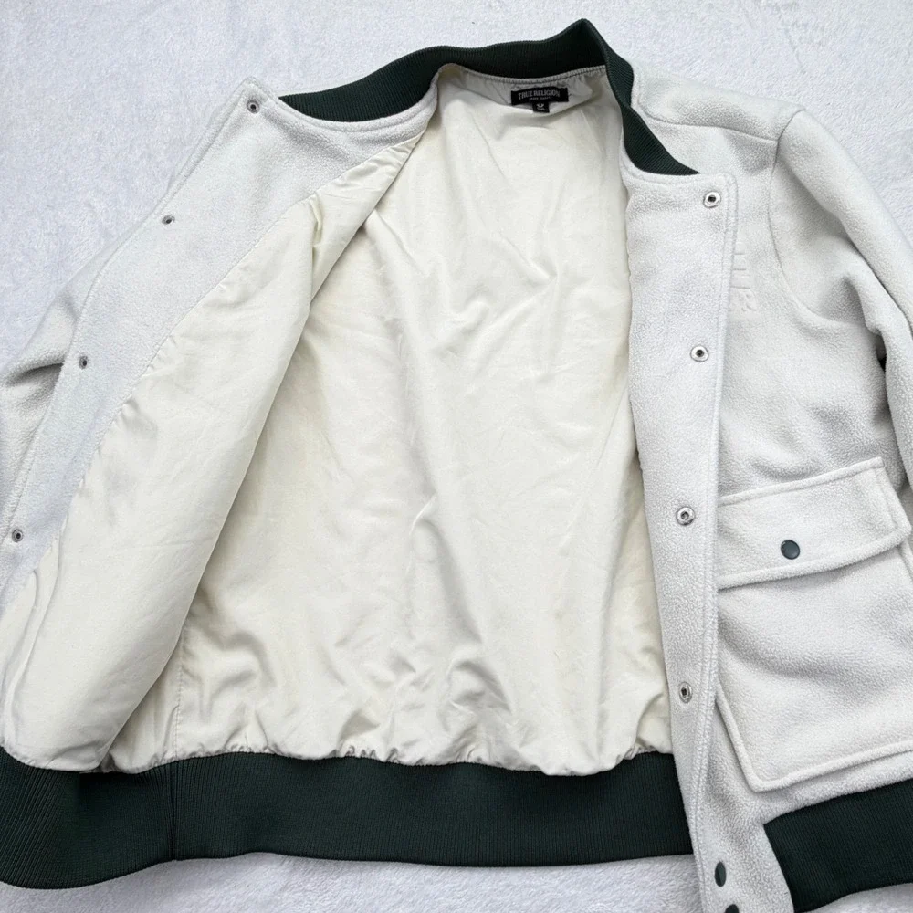 True Religion size M Medium Fleece Utility Bomber Jacket Winter White/Green.
